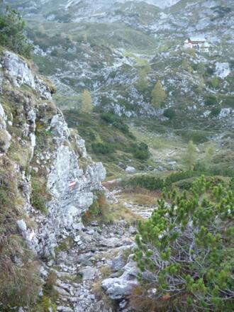 Abstieg durch die Edelweißscharte, die Laufener Hütte fest im Blick