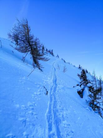 Je nach Schneelage muss der Gipfel unterhalb traversiert werden. Schwindelfreiheit sollte vorhanden sein, obwohl es nicht gefährlich ist.