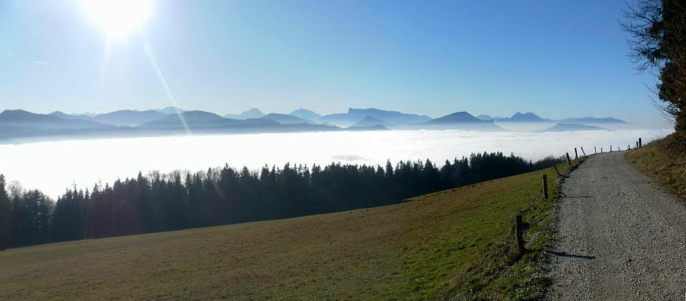 Westblick vom Rastplatz: Göll, Watzmann, Untersberg, Gaisberg, Staufen
