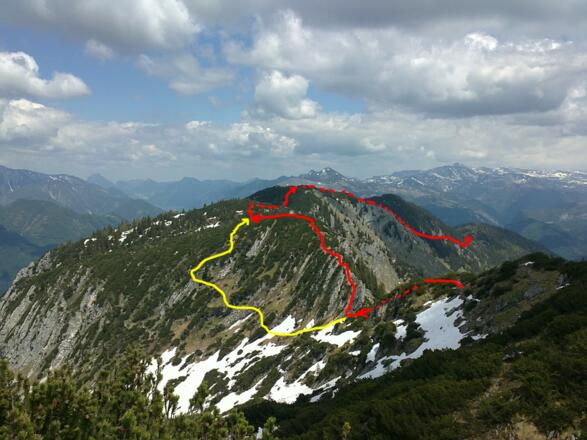 Der Wegverlauf vom Rosskopf zur Katrinalm - verdeckter Verlauf strichliert - leichtere Variante gelb