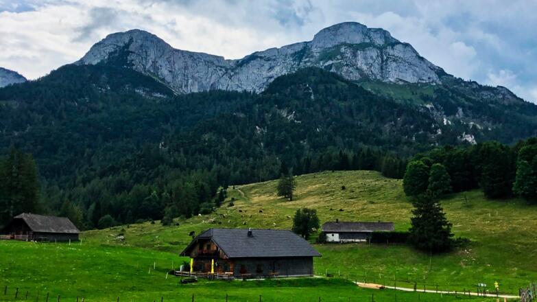 Kienberghütte auf der Eisenaualm mit Schafberg im Hintergrund