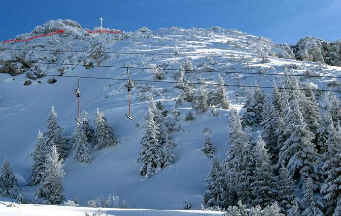 Lachergipfel vom Aufstieg mit eingezeichnetem &quot;Fußweg&quot; vom Skidepot!