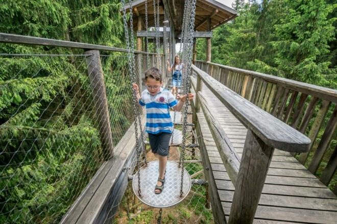 Kinder balancieren über eine Tellerbrücke