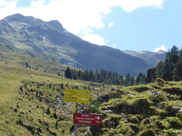 Wegweise am Alpengasthof Praxmar.
