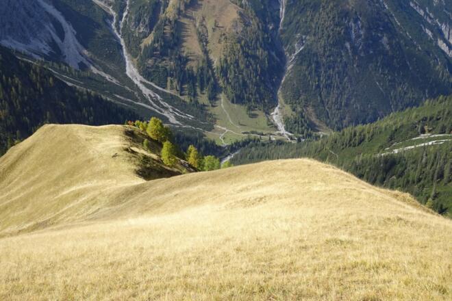 Abstieg über den grasigen Rücken