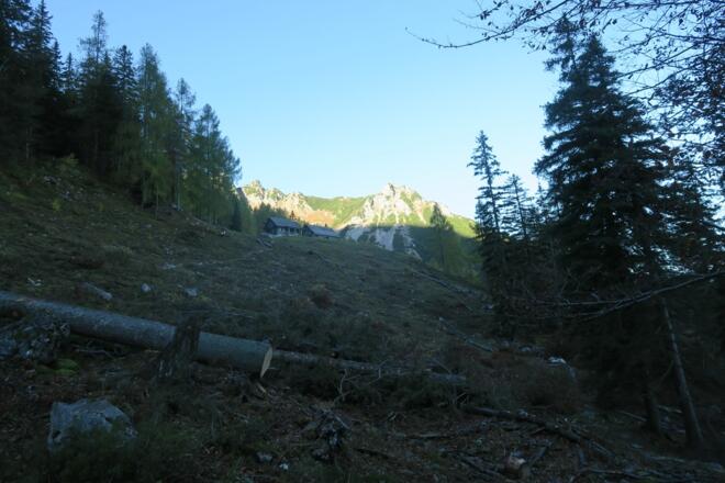 Aufstieg durch die Abkürzung zur Laglalm, rechts dahinter der Mannsberg