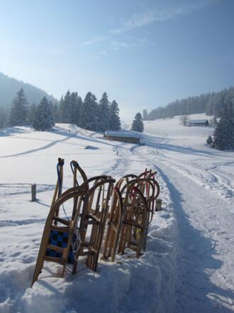 Schlitten und Winterwanderweg