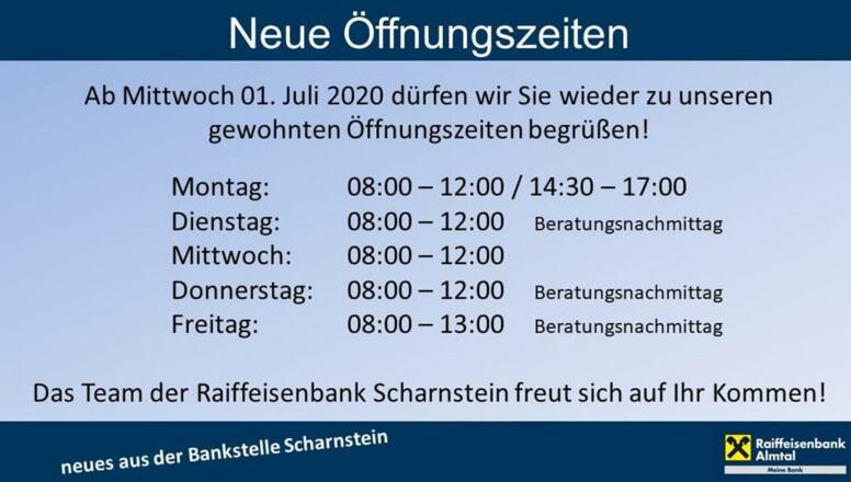 Öffnungszeiten ab 1. Juli 2020