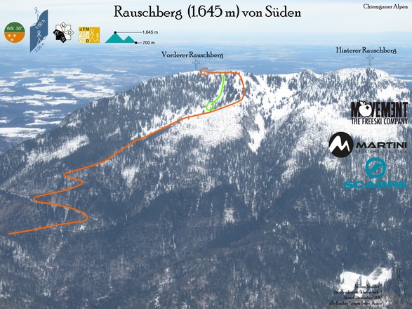 Übersichtsbild Rauschberg Südseite Skitour von Laubau (Topo)
