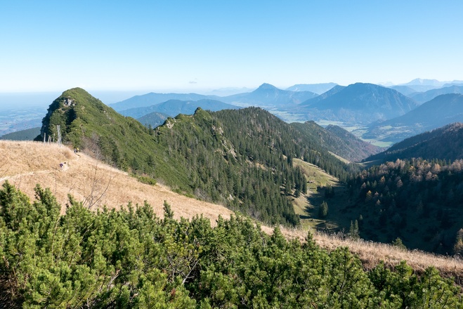 Auf den letzten Metern zum Hochfelln: Blick zurück zum Grat vom Strohnschneid. Rechts unten das Tal, durch das der normale Aufstiegsweg über die Fellnalm heraufzieht.