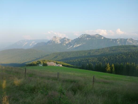 Blick vom Teisenberg über die Stoißer Alm zu Hochstaufen, Zwiesel, Gamsknogl und Kohler Alm