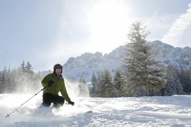 Ein Skifahrer fährt rasant eine Piste hinunter. Im Hintergrund weißes Gebirge.