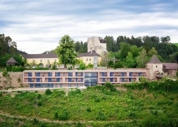 Luftansicht Burg Kreuzen und Hotel Schatzkammer