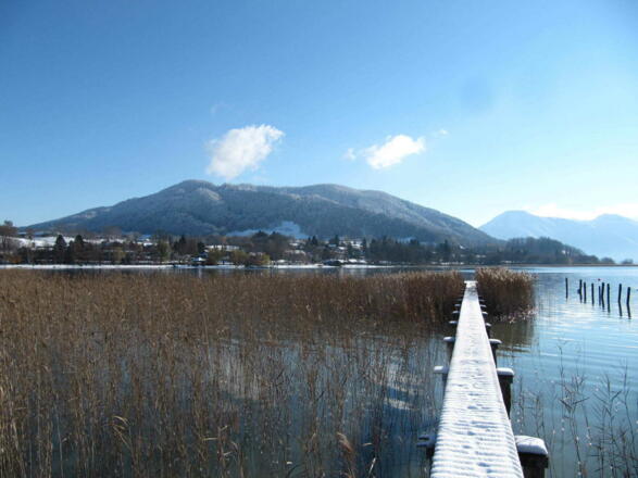 Blick vom Strandbad über den See auf Neureuth und Hirschberg