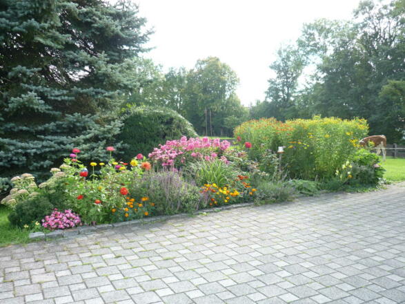 Parkplatz mit Blumenbeet