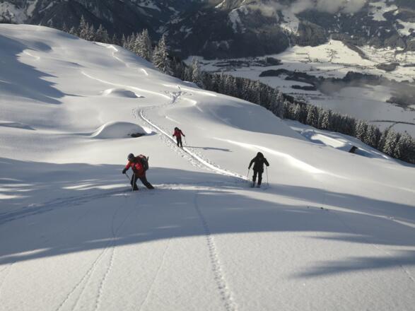 Aufstieg in Entlastungs-Abständen über die freien Hänge über der Gerlinger Alm.