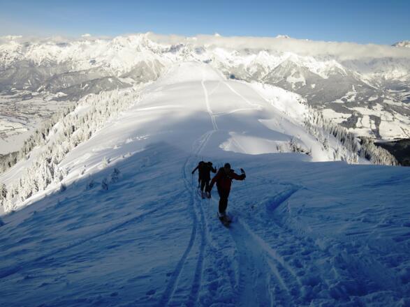 ... und weiter direkt auf den Gipfel zuhaltend. Achtung Wechten: Respektabstand zur Schneekante wahren!