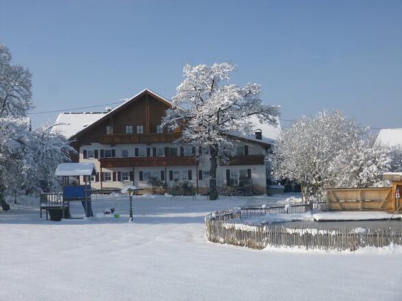 Haus und Teich im Winter