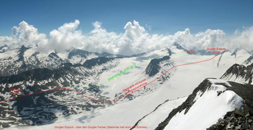 Wegevarianten am Gurgler Ferner (vom Schalfkogel aus gesehen)