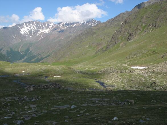 Blick vom Meraner Höhenweg zurück zur Grupalpe