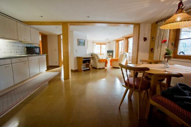 großer, heller Wohnraum mit Küchenzeile