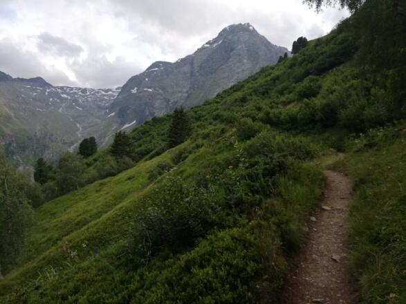 beim Blick nach vorne die Gipfel im Talschluss. Auf schönen Pfaden geht es weiter...