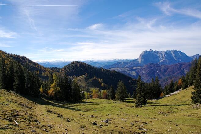 Blick zurück zur Kreuzangeralm und Wilden Kaiser