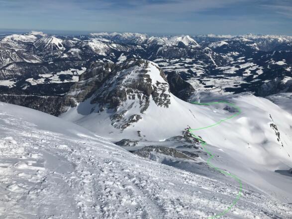 Blick vom Scheiblingkogel auf die Abfahrt, Hangquerung nach Osten und Einfahrt in die Wies