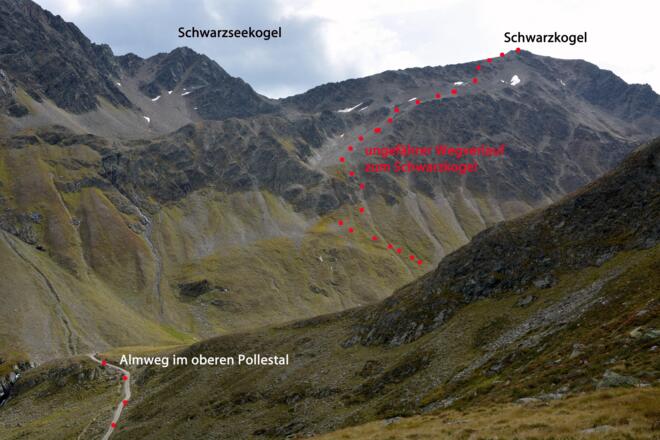 Blick vom unteren Weiten Kar zum ungefähren Aufstiegsweg zum Schwarzkogel