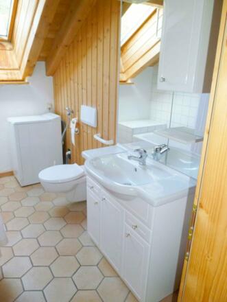 Fewo Grünten: Waschtisch, Waschmaschine, links ist die Badewanne mit Duschvorhang