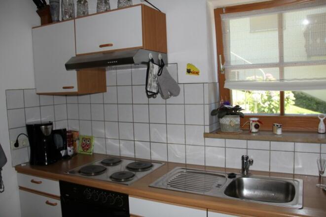 Küche mit Herd, Microwelle und Kühlschrank