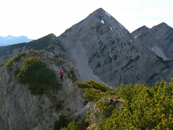schmale Scharte zurück zum Vorgipfel, dahinter Sonntagshorn, Hirscheck und Vorderlahnerkopf