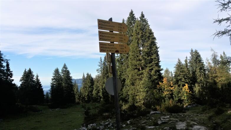 Gelbe Wegweiserschilder Richtung Nordosten: Pflegereck, Seegatterl / Hemmersuppenalm, Anna Kapelle.