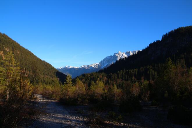 Der Wald lichtet sich und wir erblicken hinter uns das Wettersteingebirge