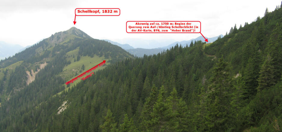 Rückblick von Hoher Brand, 1764 m, auf unseren Gipfel und den Wegverlauf!