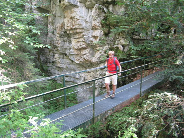 Über die schmale Eisenbrücke überqueren wir die Schellaine!