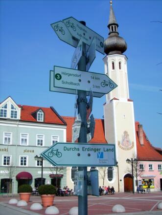 Schilderbaum am Startpunkt in Erding, Schrannenplatz