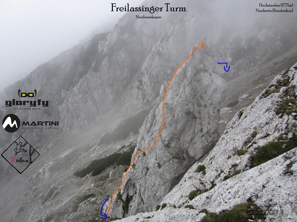 Freilassinger Turm am Hochstaufen - Übersichtsfoto mit Route