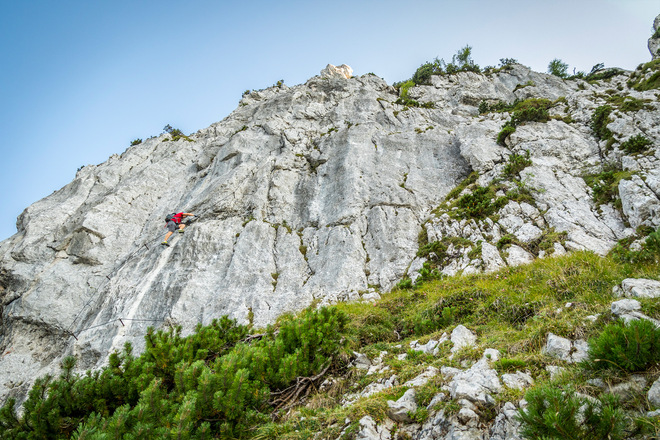 steile Wand im Schlussteil des Pidinger Klettersteiges