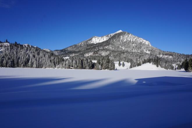 Blick am Morgen über den winterlichen Spitzingsee zum Brecherspitz