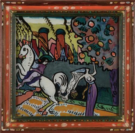 Wassilly Kandinsky, Mythologische Szene (Reiter und Apfelpflückerin), 1911 Öl auf Glas, 15,5 x 19,8 cm