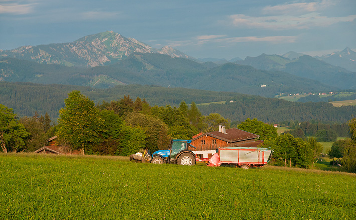 Blick vom Schwarzenberg Weg zu den Chiemgauer Bergen