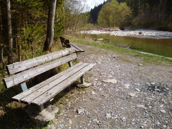 Auf der Westseite des Kalkofenstegs bieten sich mehrere Bänke für eine Rast mit Blick auf die Ammer an.