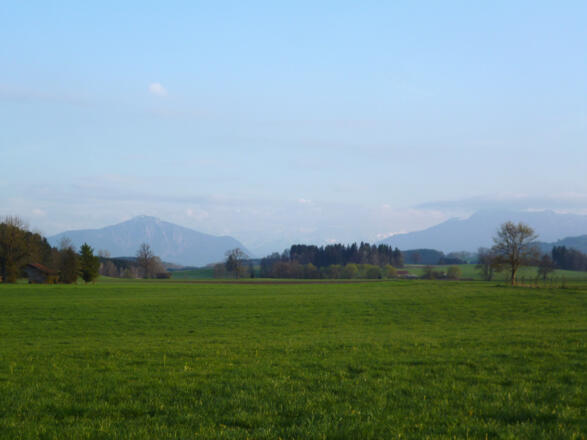 Herrlicher Blick von der Bank am Wegkreuz auf die Alpen.