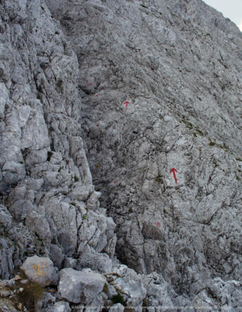 Schlüsselstelle (I+) am Wörner-Normalweg: Übergang von der Querung in die Gipfelrinne