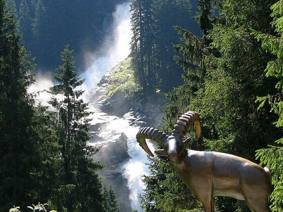 Der 1. Wasserfall mit Steinbock im Vordergrund