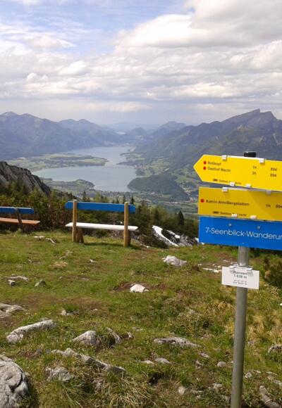 Schöner geht es nicht-Aussicht vom Gipfel des Hainzen zum Wolfgangsee.