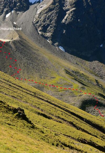 Verlauf des Aufstiegsweges von der Rüsselsheimer Hütte zum Weißmaurachsee