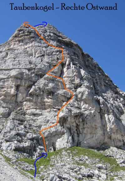 Rechte Ostwand am Taubenkogel - Route in Foto , Topo