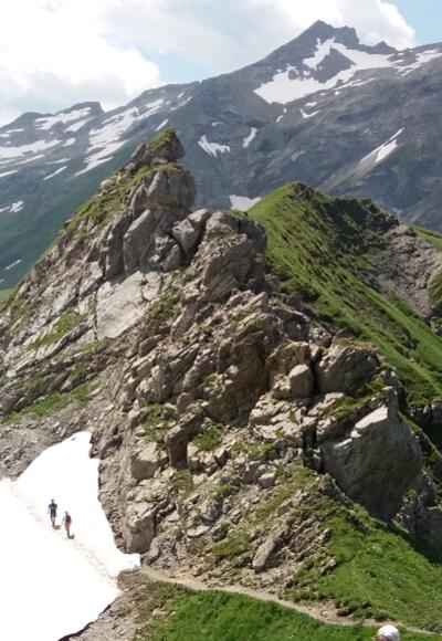 Blick von oben und zurück zur Querung des Schneefeldes.